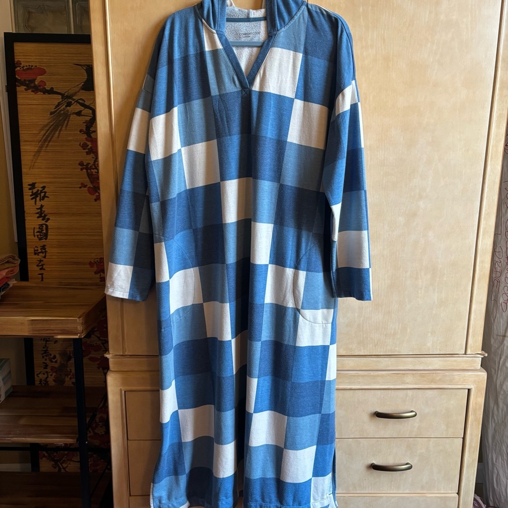 Comfort Code Lounge Dress with Hood Blue Patchwork XL